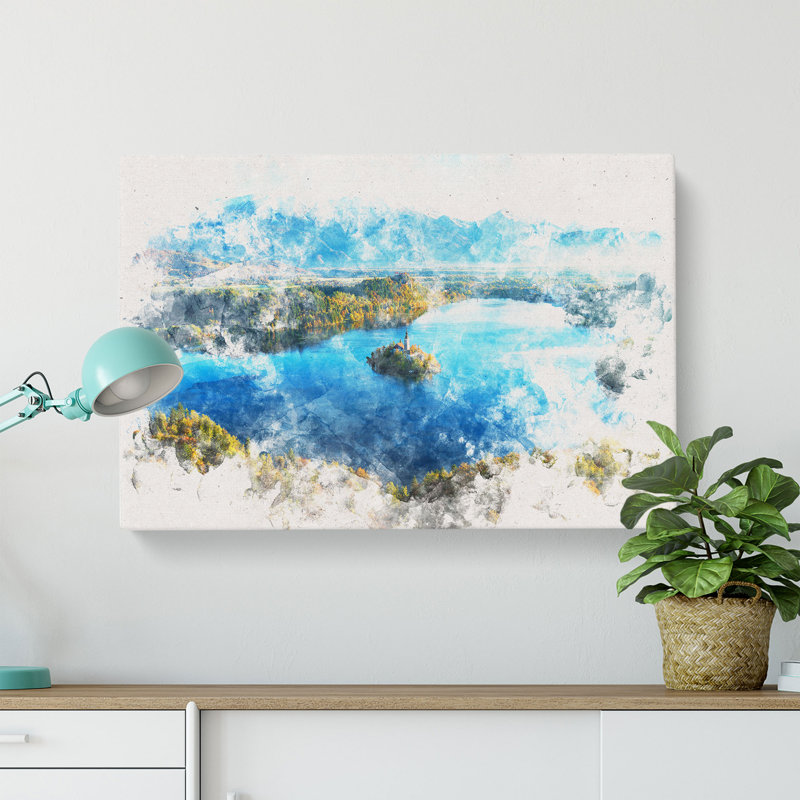 Lake Bled in Slovenia Watercolour - Wrapped Canvas, 35cm H x 50cm W x 3cm D