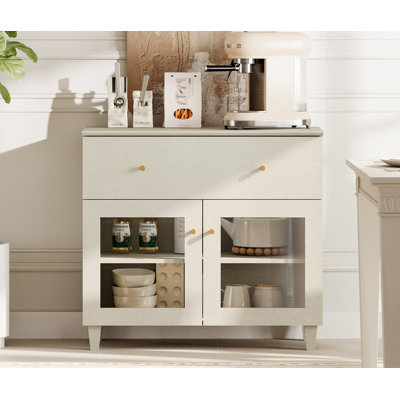 35" Small Sideboard Buffet Cabinet With Glass Doors And Drawer, Modern Wood Kitchen Credenza Storage Cabinet With Shelf For Living Room, Dining Room