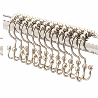 Premium Glide Double Sided Shower Curtain Hooks - Rust Proof Brushed Nickel, Stainless Steel, Easy Rollers, Set of 12