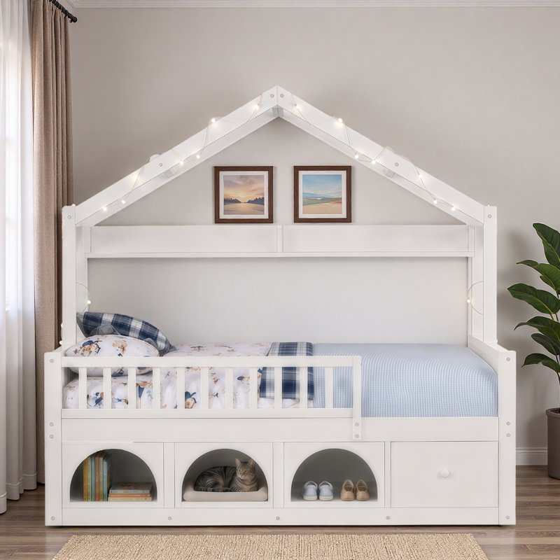 Lit de plancher pour enfants avec toit, lumière DEL, garde-corps de sécurité, tiroirs de rangement et casiers, Lit double