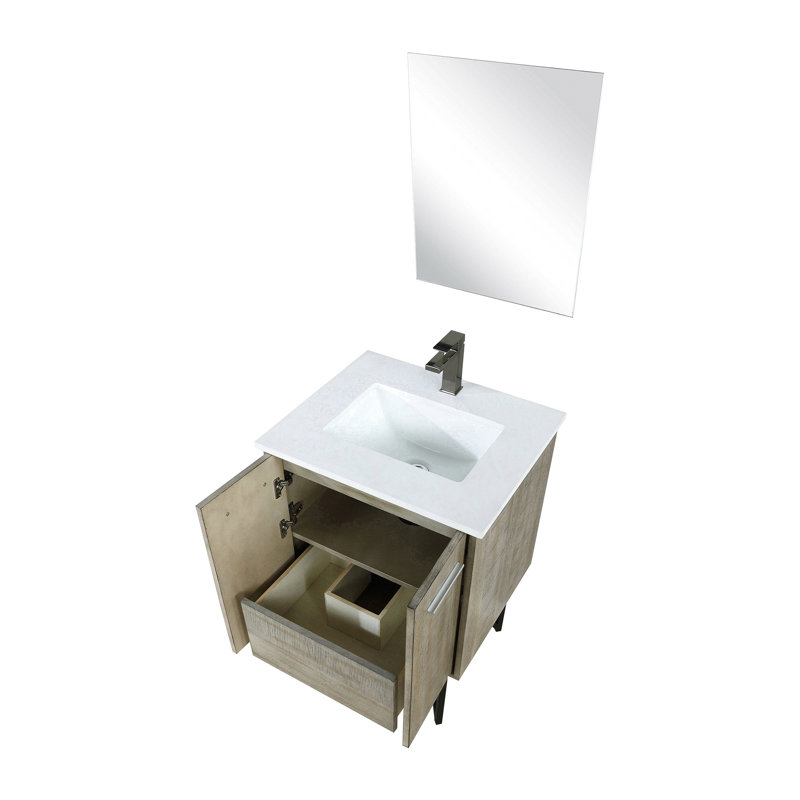 24 po Meuble-lavabo large et rustique, comptoir en quartz blanc, robinet en métal et miroir à 18 teintes, 24"