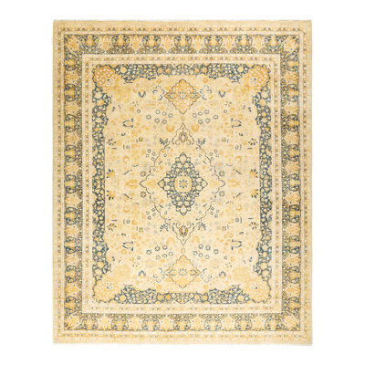 Tapis ivoire traditionnel noué à la main de conception unique 8 pi 1 po x 9 pi 10 po Keller