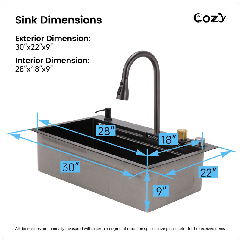 Kitchen Sink 30" X 22" Multifunctional Overmount Flying Rain Waterfall S304 Stainless Steel Handmade Modern Single Bowl Kitchen Sink Black