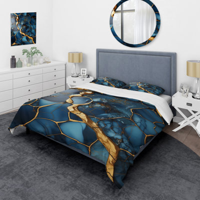 Ensemble de housse de couette abstrait doré et saphir bleu marbré IV