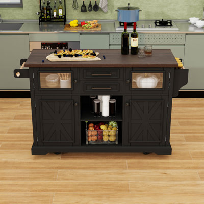 Kitchen Island with Drop Leaf, Charging Station, 2 Drawers and Adjustable Shelves