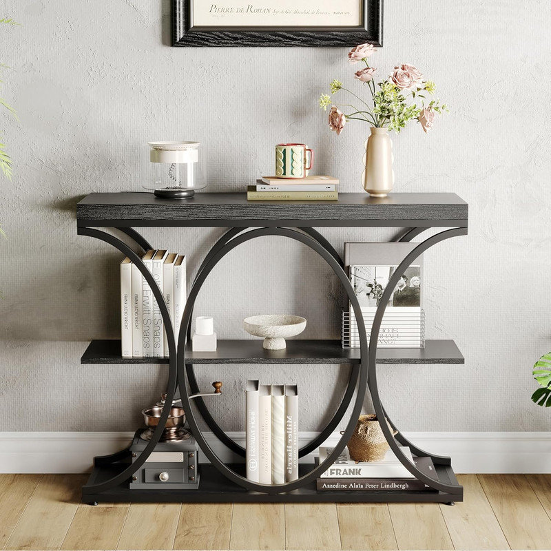 Console 39 po de style industriel avec rangement à 3 niveaux pour l'entrée, le salon et le couloir, Noir / Noir