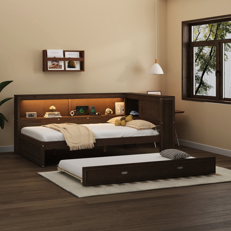 Full Size Daybed With Storage, Led, , And Trundle In Antique Wood - Modern Appeal, Long-Lasting Robust Hue, Wood