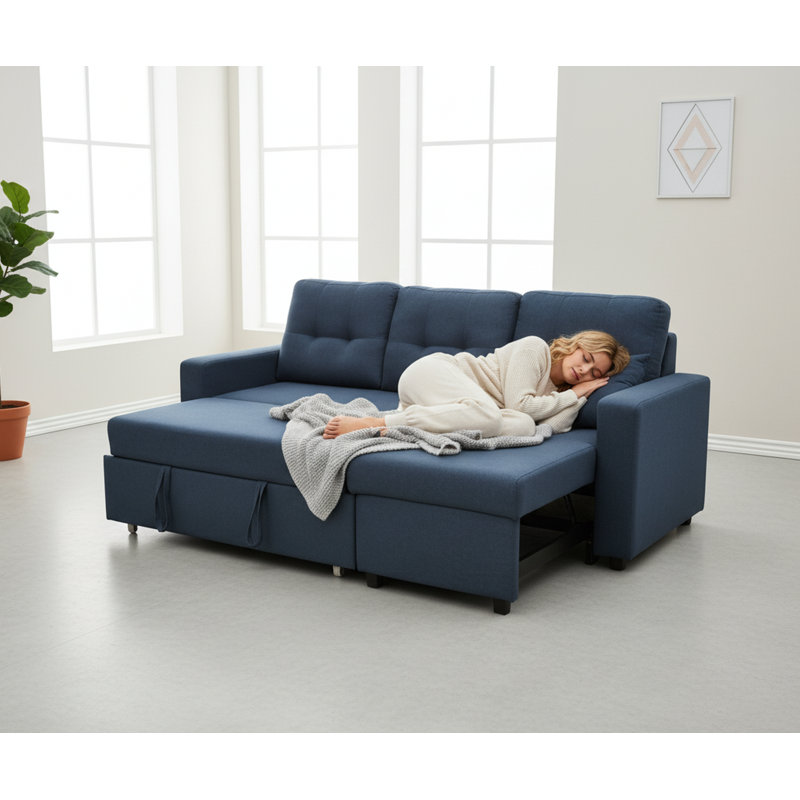 2-In-1 L-Shaped Sectional Sleeper Sofa With Linen Upholstery And Medium-Firm Cushions, Blue