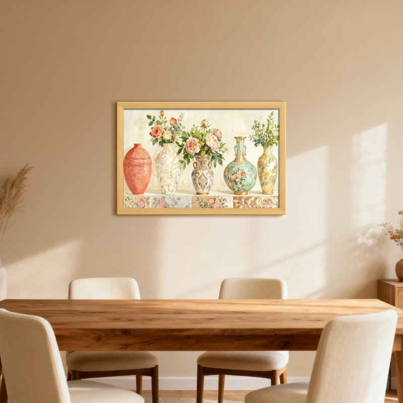 Vases floraux disposés sur un motif de tablette, H 20 po x l 30 po, Toile tendue, Ne s’applique pas