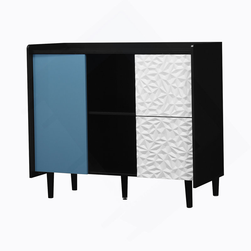 Buffet buffet, armoire de rangement noire avec portes rouges, 2 tiroirs au style de panneau unique, Noir / Bleu