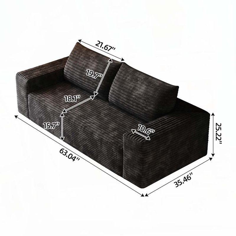 Canapé en velours côtelé profond, canapé-lit confortable sans assemblage, H 25,22 po x l 63,04 po x P 35,46 po, Noir