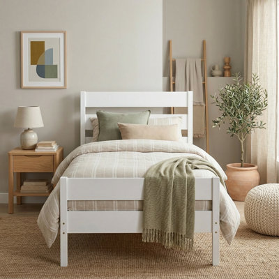 Twin Solid Wood Platform Bed with Headboard and Footboard, Minimalist White Rubberwood Bed Frame with Under-Bed Storage, No Box Spring Needed