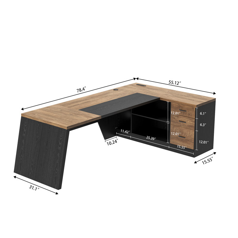 78-Inch L-Shaped Executive Desk Large Office Desk With Power Outlet, Storage Drawer, Lateral File Cabinet, Open Shelf And PC Stand For Home Office Study, Brown Black