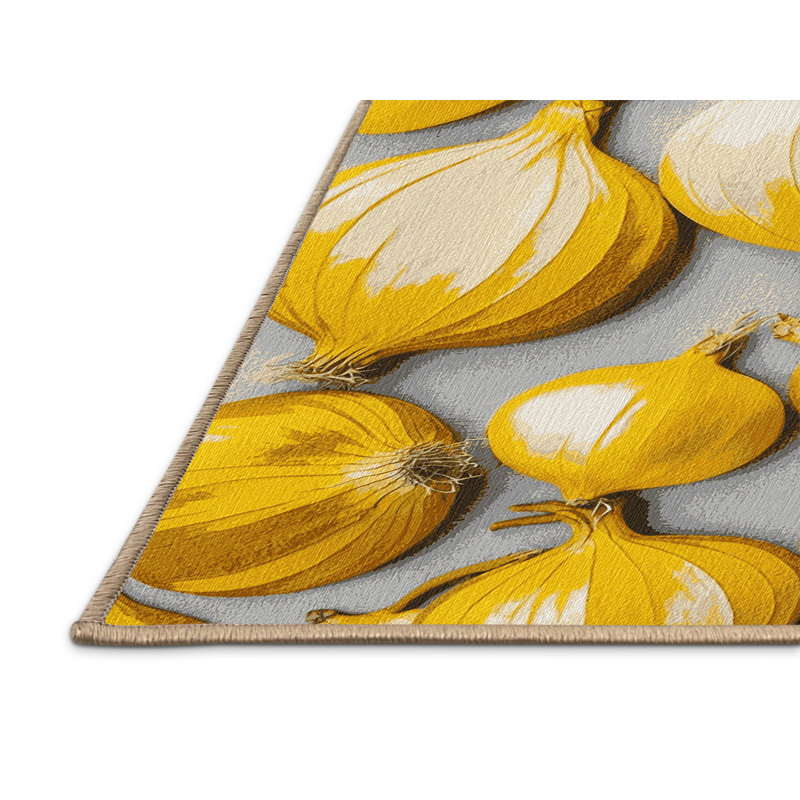  Tapis jaune lavable avec légumes et oignon, Rond 8 pi