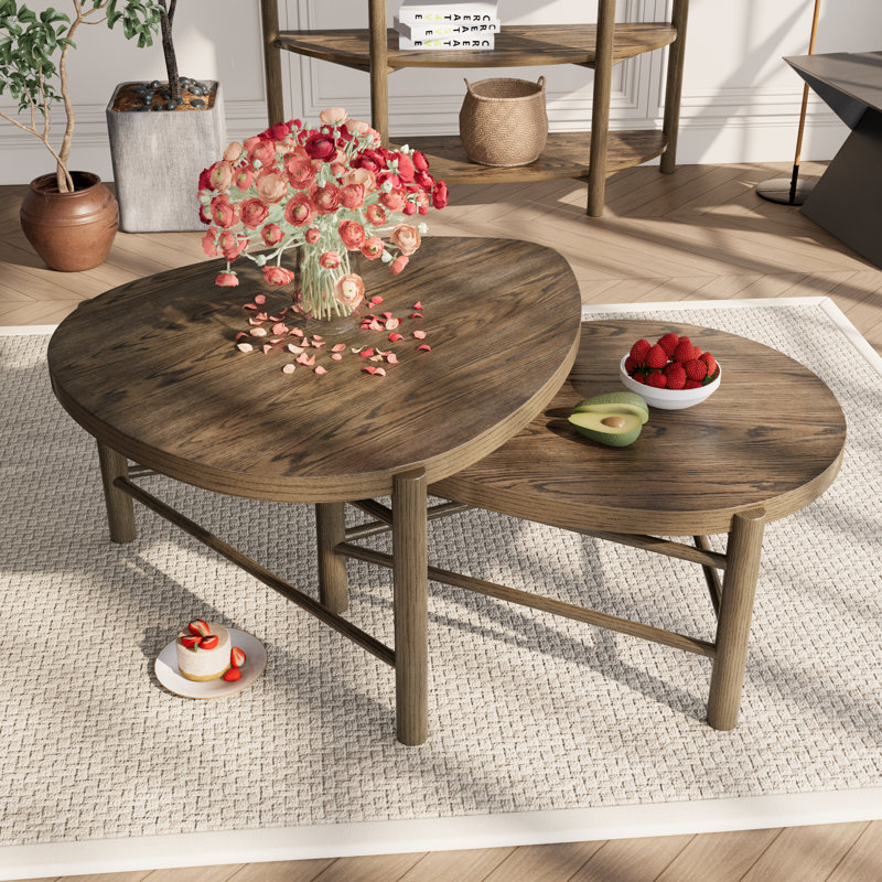 Wexford Collection Modern Oval Nesting Coffee Tables, Set of 2 Wood Top Accent Tables with Metal Base for Living Room, Brown