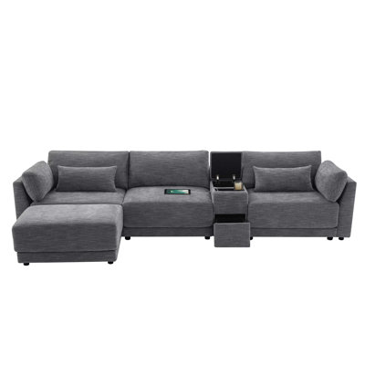 124'' Modular Sectional Sofa with Storage Console and Movable Ottoman,33'' Wide Seat,4 Seat L Shaped Chenille Couch,Reversible Comfy Sofa with USB Charger for Living Room,Apartment,2 Colors