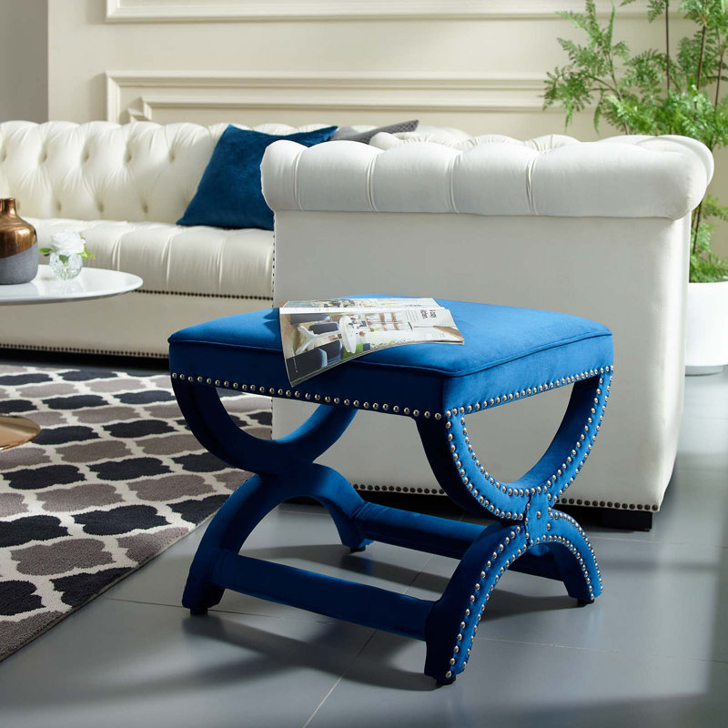 Navy Blue Tufted Velvet Footstool with Nailhead Trim