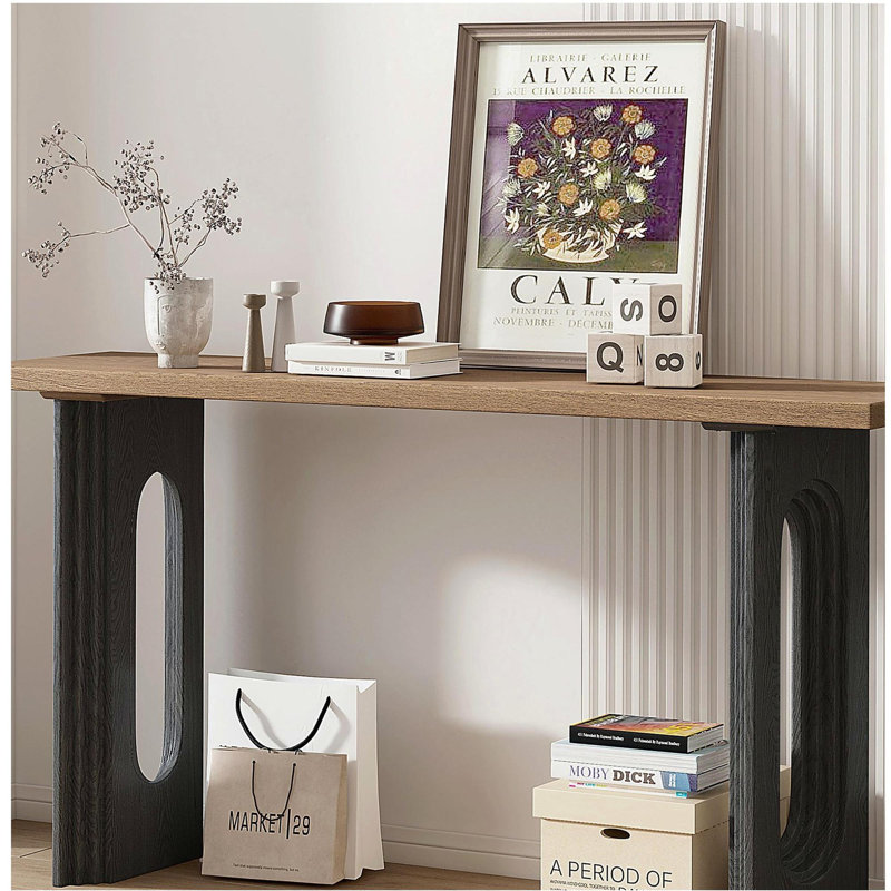 Uniquely Designed Console Table made of Fraxinus Mandschuric Solid Wood Veneer,with Distinctive Round Hollow Legs, Suitable for Foyer, Living Room, or Hallway.
