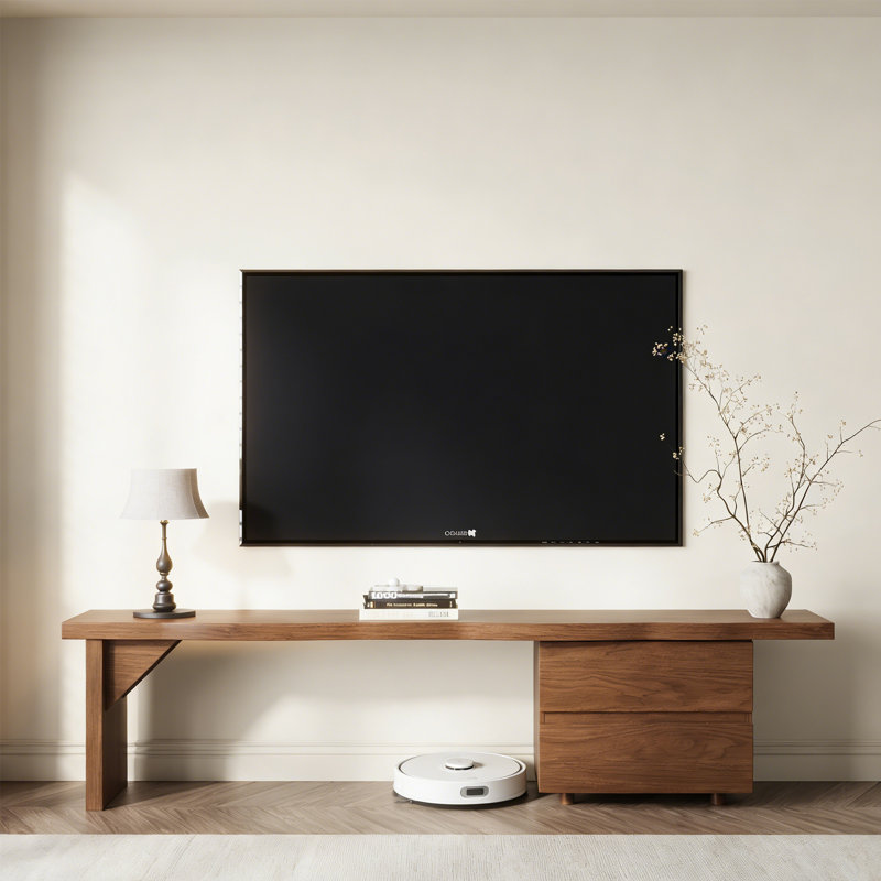 Meuble télé de style Mid-Century moderne avec plateau en forme de vague, 2 tiroirs extensibles, console multimédia à finition noyer pour téléviseur de 75 po ou moins