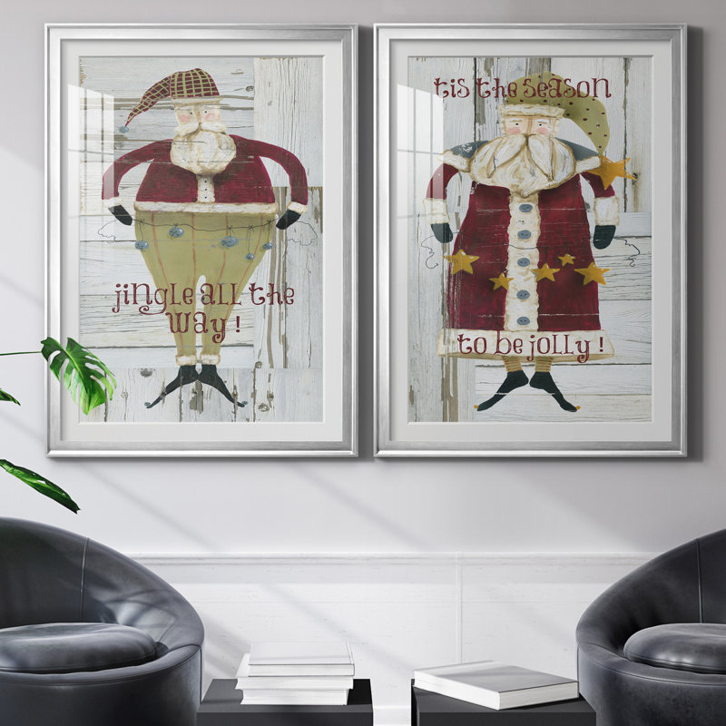 Jingle Santa - ensemble de 2 reproductions, H 30,5 po x l 85 po x P 1,5 po, Papier avec cadre argenté, Blanc