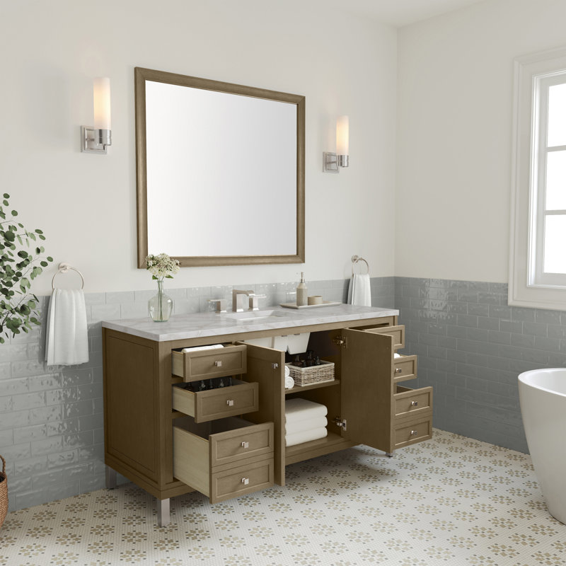 Chicago 60"W Single Vanity W/ Freepower Wireless Charger, Walnut Whisper, Victorian Silver