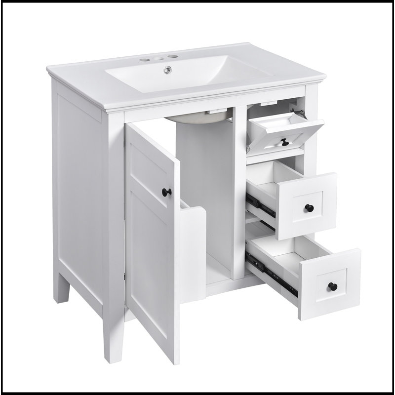 Meuble-lavabo moderne de 30 po avec lavabo en céramique, salle de bain blanche avec 3 tiroirs, armoire de rangement moderne en bois massif, idéale pour la maison