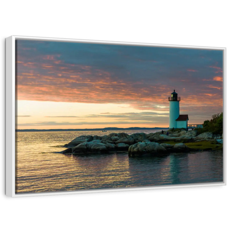 Coucher de soleil sur le phare d'Annisquam, Cadre flottant blanc, 13 po x 9 po