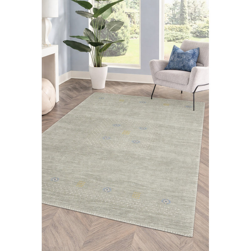 Gray Hand-Knotted Wool Framed Centerpiece Geometric Modern Contemporary Carpet Rug, 2' x 4'