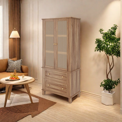Tall Kitchen Pantry Storage Cabinet With Rattan Doors,  Adjustable Shelf And 2 Drawers by Bay Isle Home