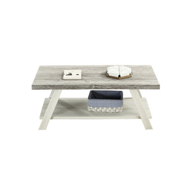 Rectangular Wood Coffee Table With Shelf - Weathered Gray Finish Extra Storage,