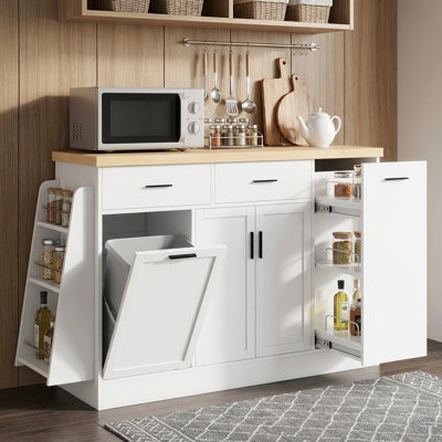 Armoire pour îlot de cuisine, buffet avec poubelle coulissante, portes coulissantes et range-épices à 3 niveaux