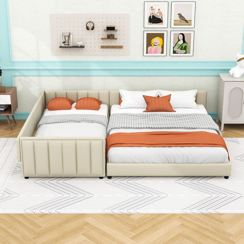 Upholstered Platform Bed with Slats, Beige