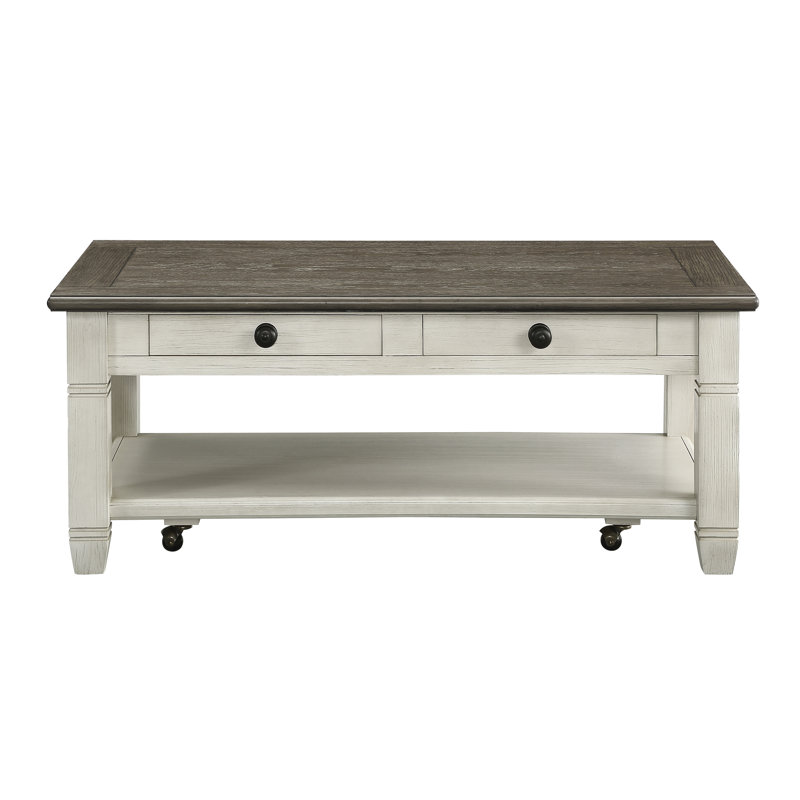 Table de salon en bois avec 2 tiroirs et une structure de base de cocktail en finition blanche antique, Blanc antique