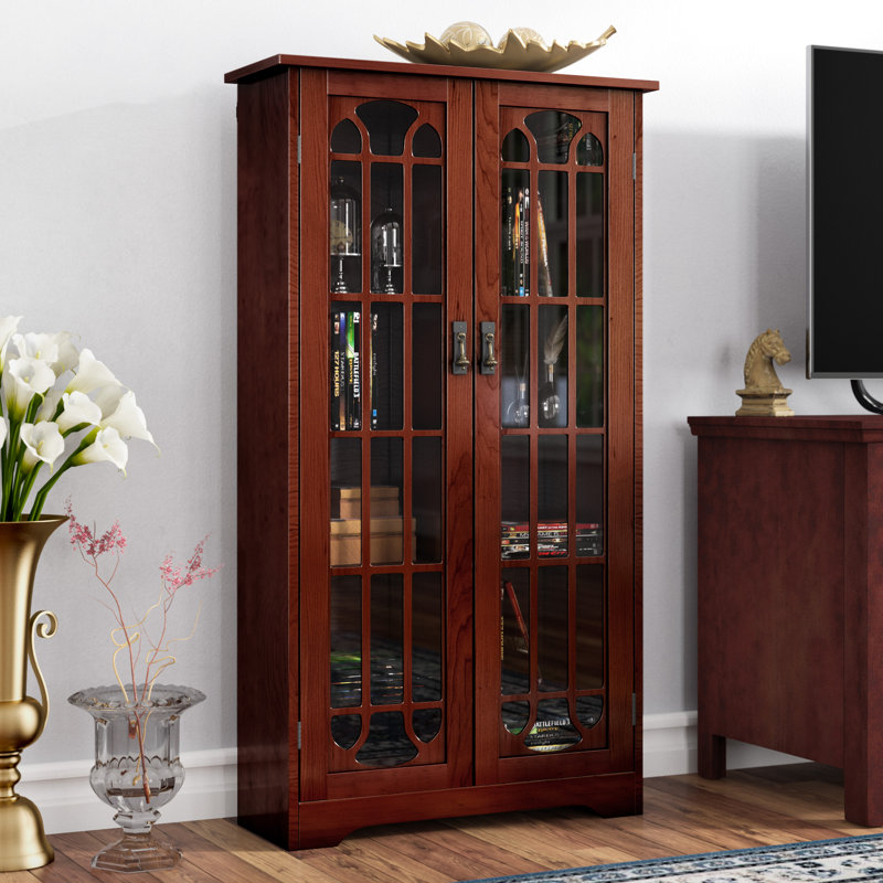 Armoire multimédia à panneau de fenêtre noire, Cerisier