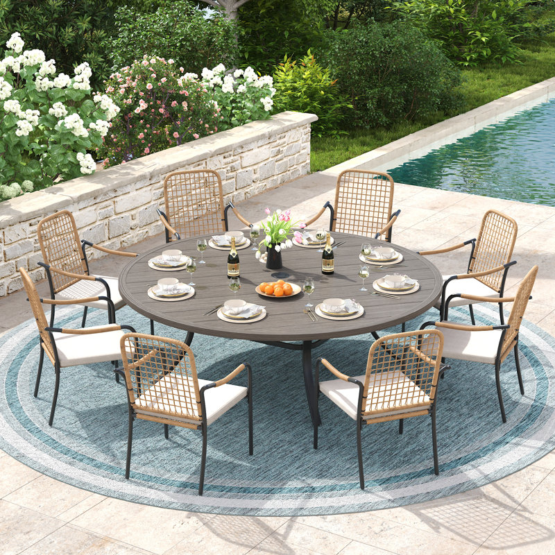8-Person Patio Dining Set with 60" Round Dining Table and 8 Cushioned Rattan Stackable Chairs, Brush Wood Gray
