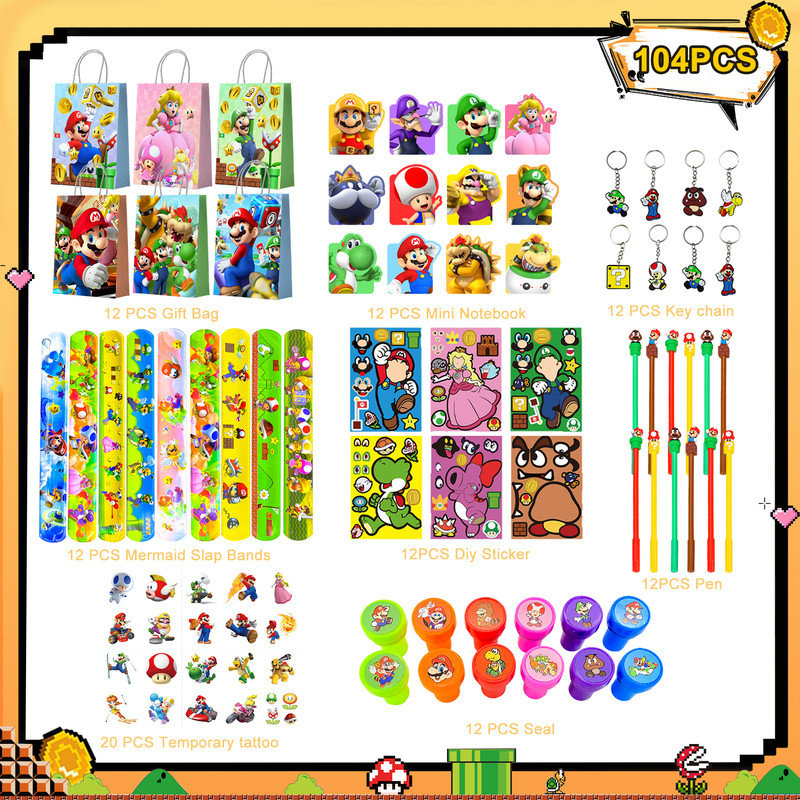 Mario Party Favors,104pcs Mario Themed Birthday Party Favors
