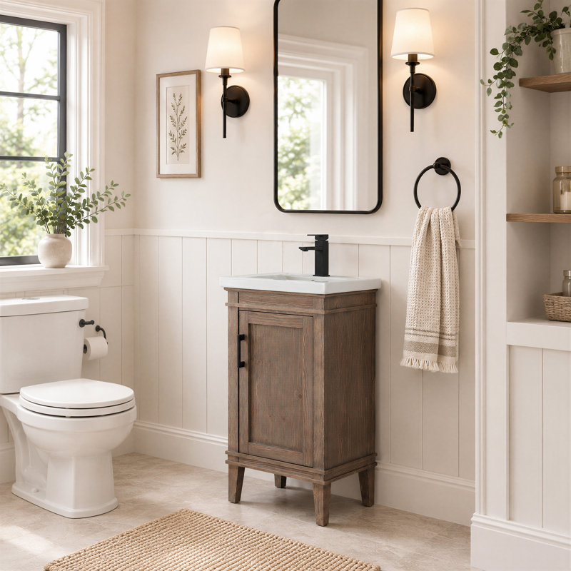Ensemble de meuble-lavabo simple autoportant 20 po avec plateau en céramique Reynaldo, Épinette brune, 20"