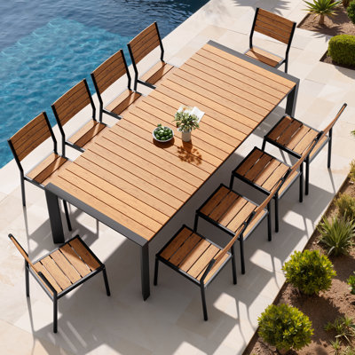 Ensemble de salle à manger pour 10 personnes en aluminium l 95 po x P 40 po avec trou pour parasol et chaises empilables
