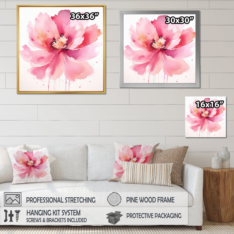 Délicate fleur d'hibiscus rose sur fond d'aquarelle sur toile, H 24 po x l 24 po x P 1 po, Cadre simple blanc