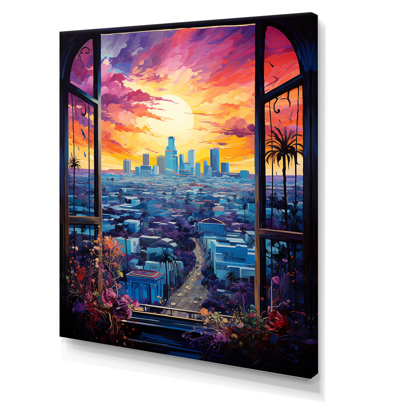 Los Angeles Window View 2 - art mural floral, H 32 po x l 24 po x P 1 po, Toile tendue