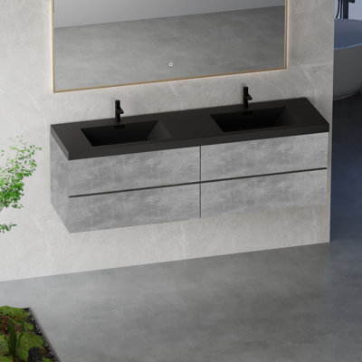 Meuble-lavabo mural 72 po avec évier flottant 72 po, meuble de rangement mural moderne, deux bacs à sable en quartz noir et quatre tiroirs à fermeture en douceur entièrement assemblés, série EDI, gris ciment