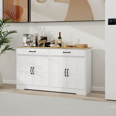 Armoire de rangement blanche avec 2 tiroirs et 4 portes, 55,96 po. Look pour diverses pièces. & Grand buffet stable de 55,96 po blanc. Tiroirs, portes, salle à manger. Fabrication en grain de bois