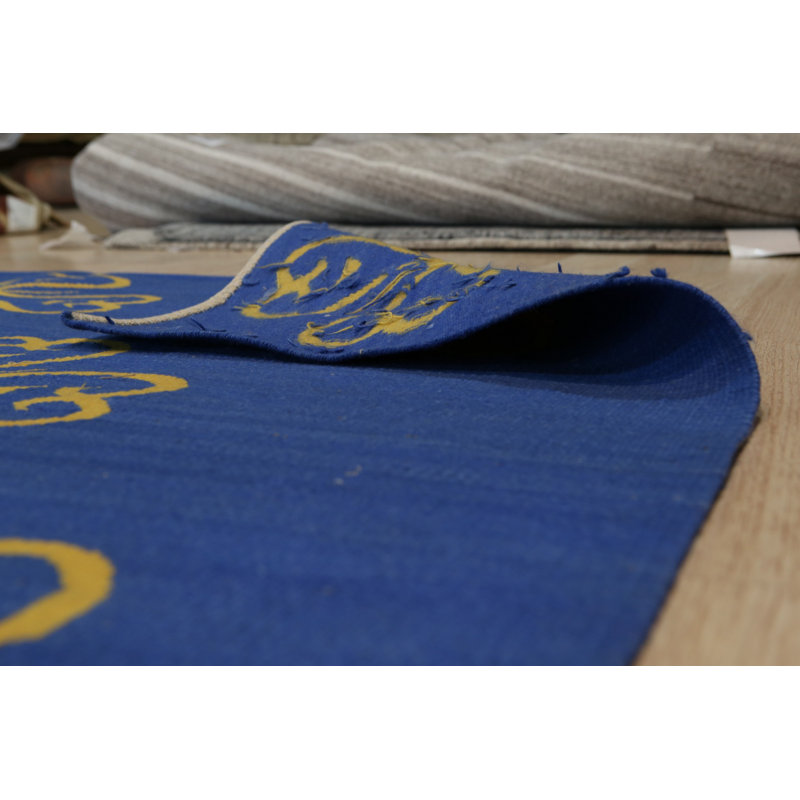 Blue Handwoven Wool Stylized Clover Motif Geometric Modern Contemporary Carpet Rug, 9' x 12'