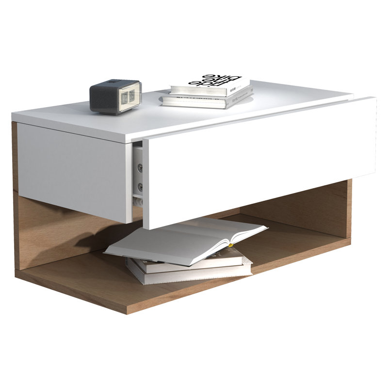 Avan Manufactured Wood Bedside Table, White/Oak wood, 30cm H x 60cm W x 32cm D