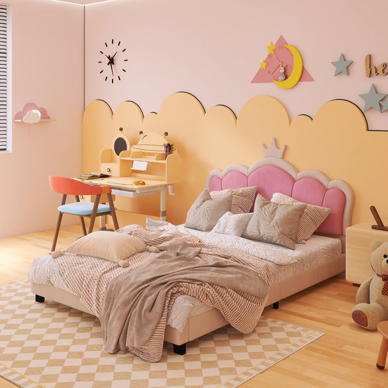 Lit princesse rembourré en bois avec tête de lit, Lit double, Crème, crème