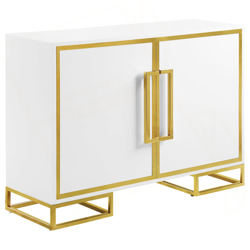 White Freestanding 2-door Cabinet With Gold Trim And 3 - 4 Storage Compartments Art Accent 2 Doors, Trim, Adjustable Shelves
