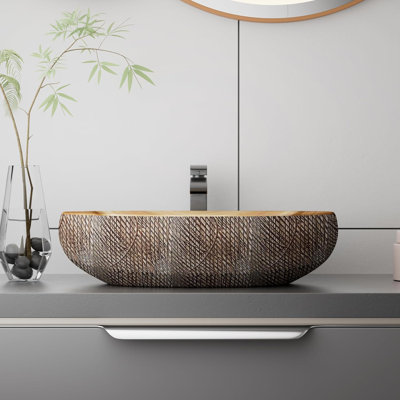 Lavabo vasque artistique de salle de bain Yingze, lavabo vasque ovale 24 x 16 x 5,9 pouces, lavabo en céramique rétro au-dessus du comptoir, lavabo de salle de bain en porcelaine en céramique pour meuble-lavabo, brun Carving