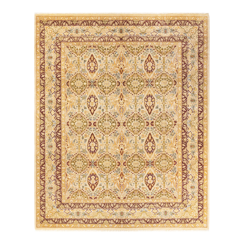 Tapis unique noué à la main de 8 pi 2 po x 10 pi 3 po ivoire / bourgogne / verge d'or Hayner