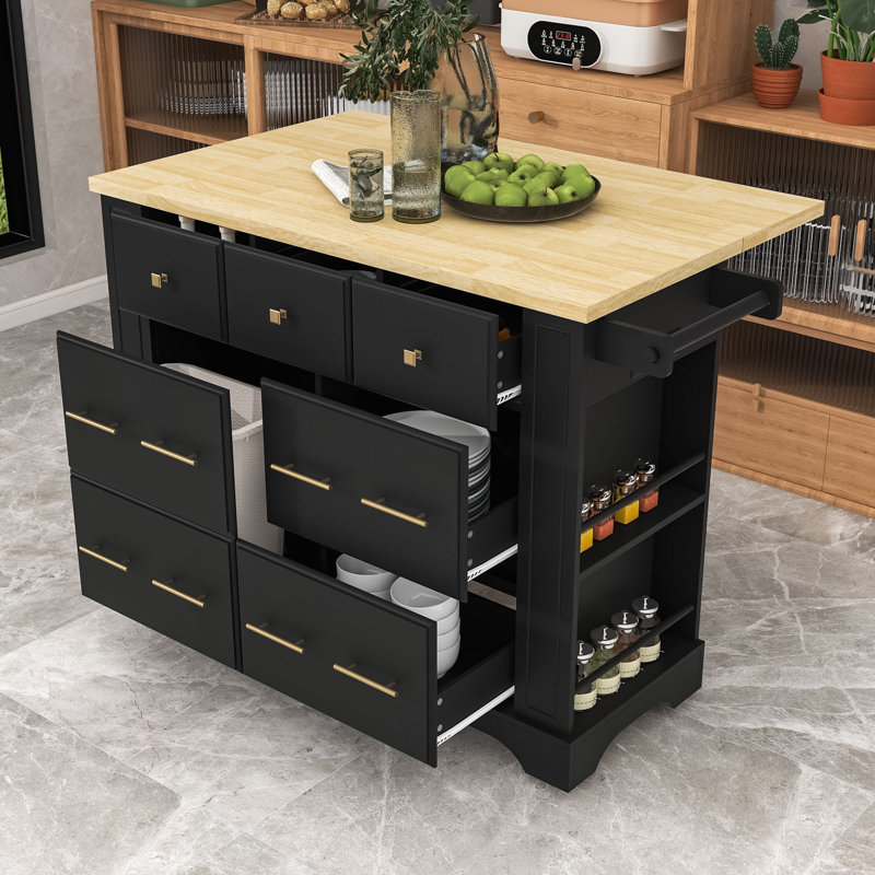 Classic Wooden Kitchen Cart with Drop-Leaf Countertop, Spacious Storage and Built-In Charging Station, Black