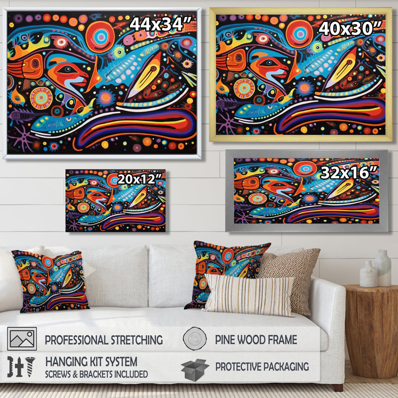 Indigène composition grand mystère - art mural amérindien, H 16 po x l 32 po x P 1 po, Toile avec cadre flottant noir